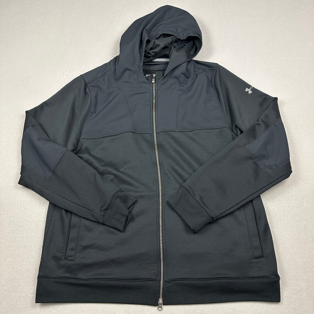 Under Armour Hoodie Men 2XL Black Solid Hybrid Panel Loose Fit Full Zip XXL
